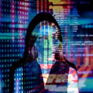Digital Products A woman with digital code projections on her face, representing technology and future concepts.